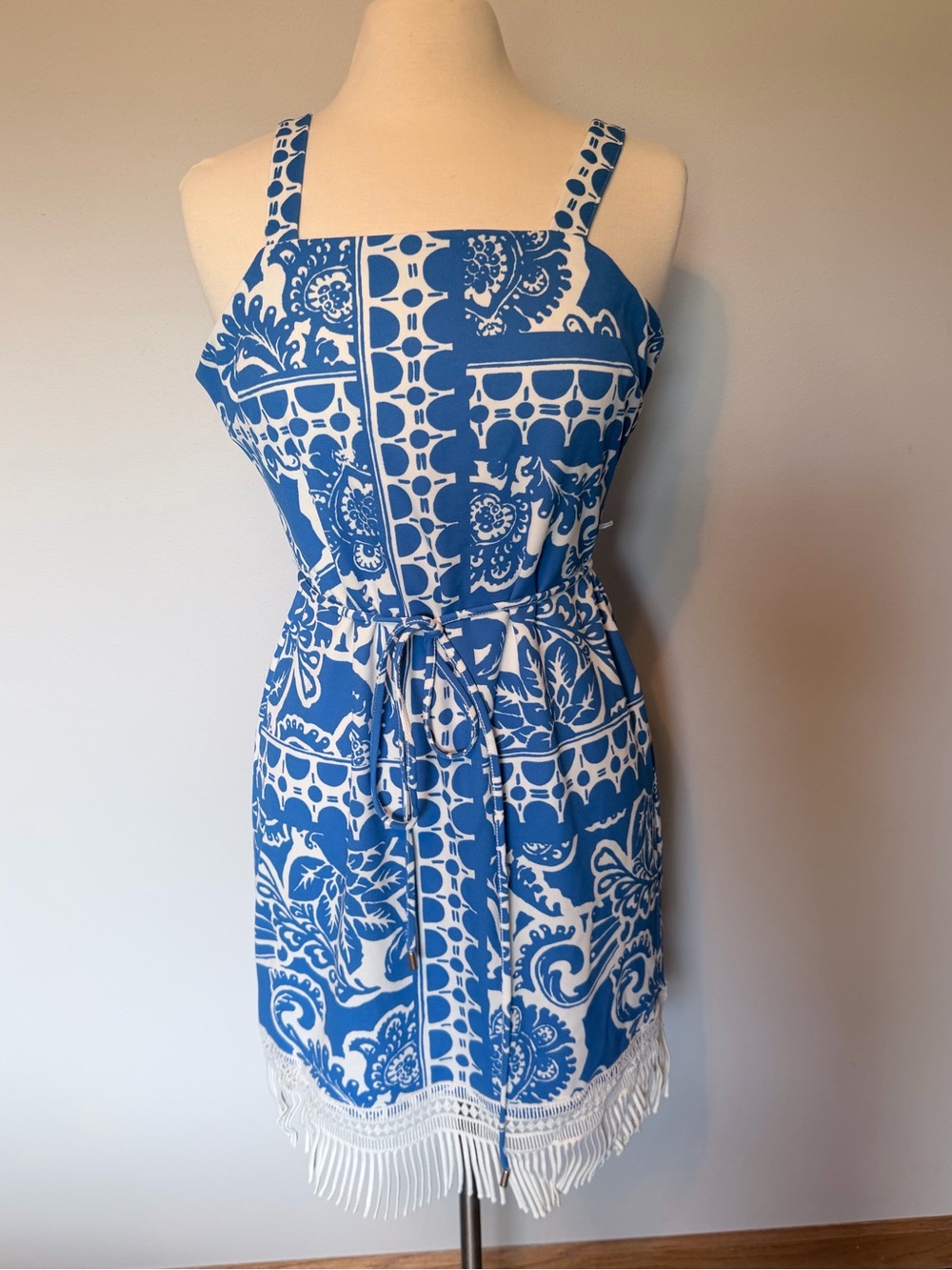 Tahari ASL Blue and White Printed Mini Dress with Fringe